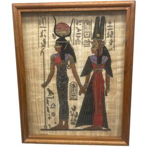 Egyptian Papyrus Artwork With Hand-Painted Goddess Figures In Wooden Frame READ